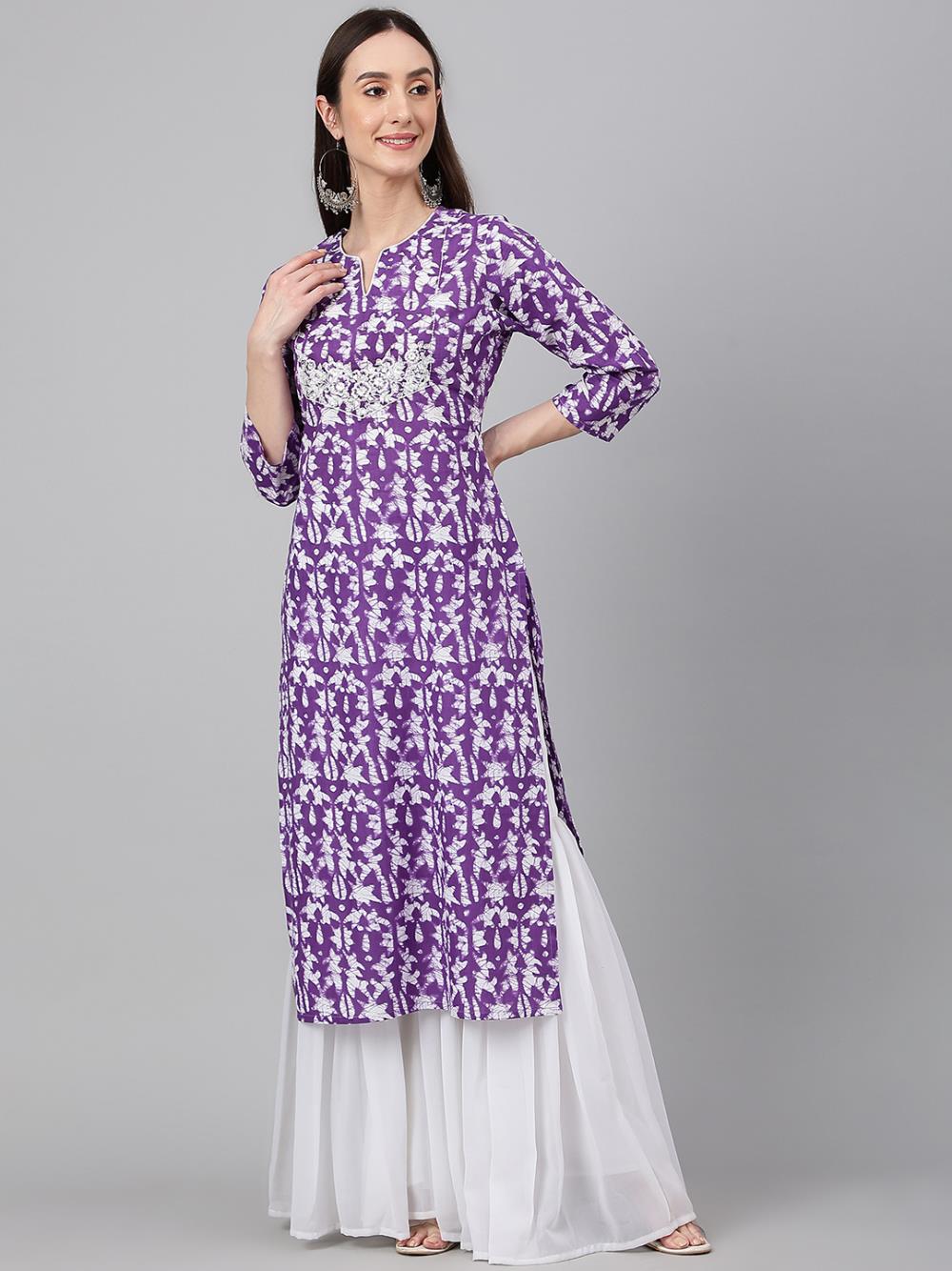 Purple Cotton Batik Print Straight Kurta
