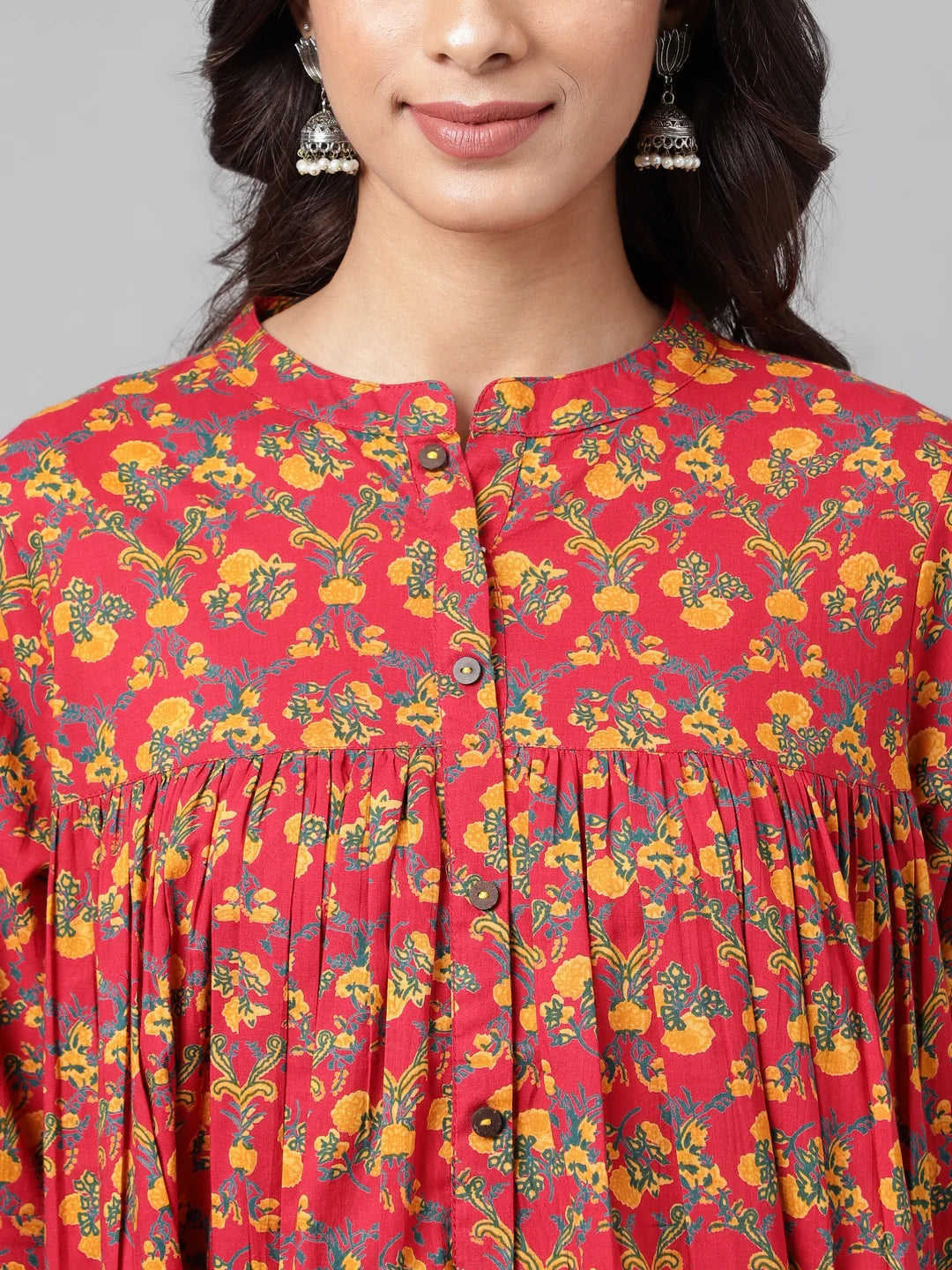 Red Cotton Floral Printed Empire Tunic