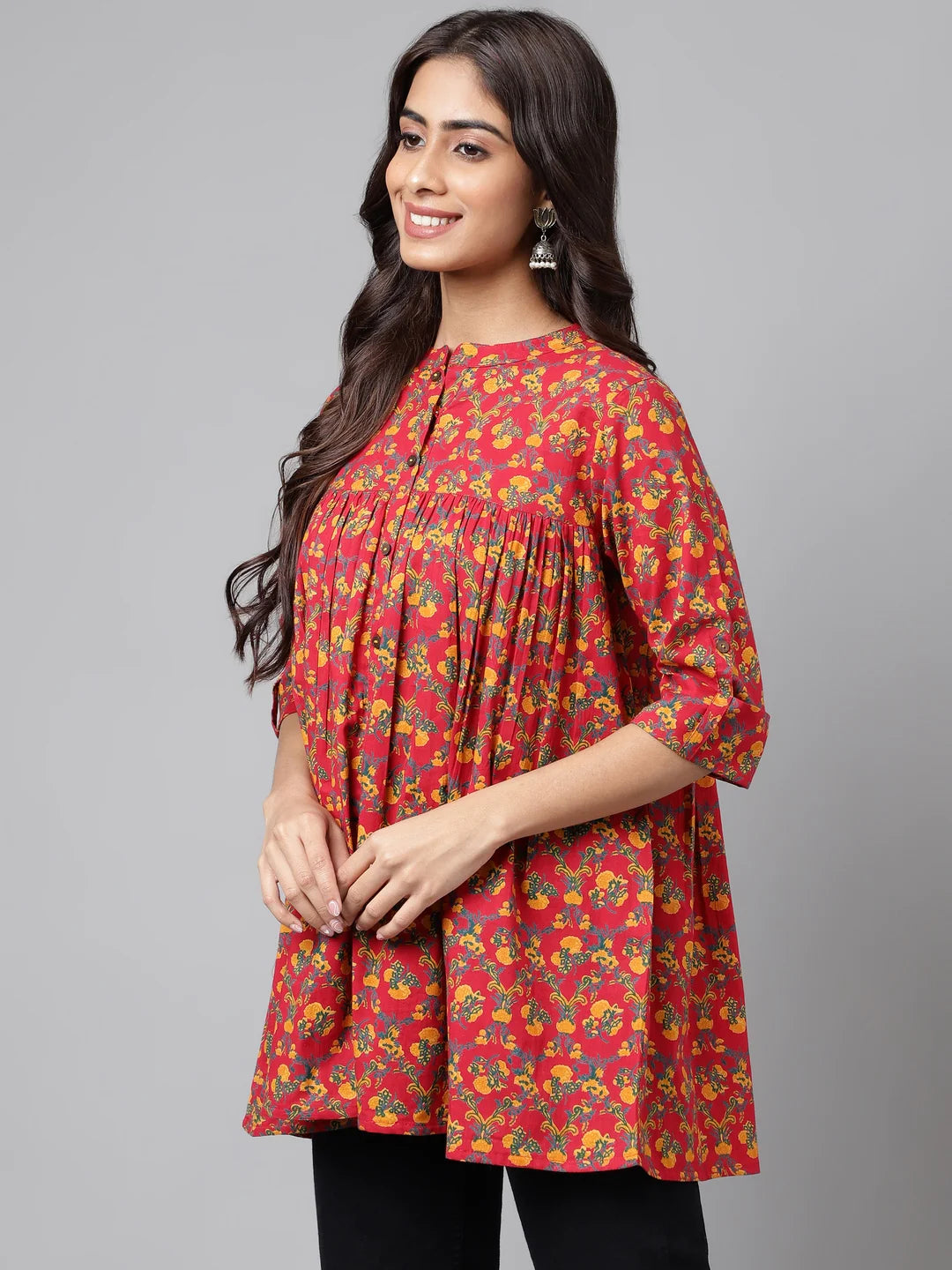Red Cotton Floral Printed Empire Tunic