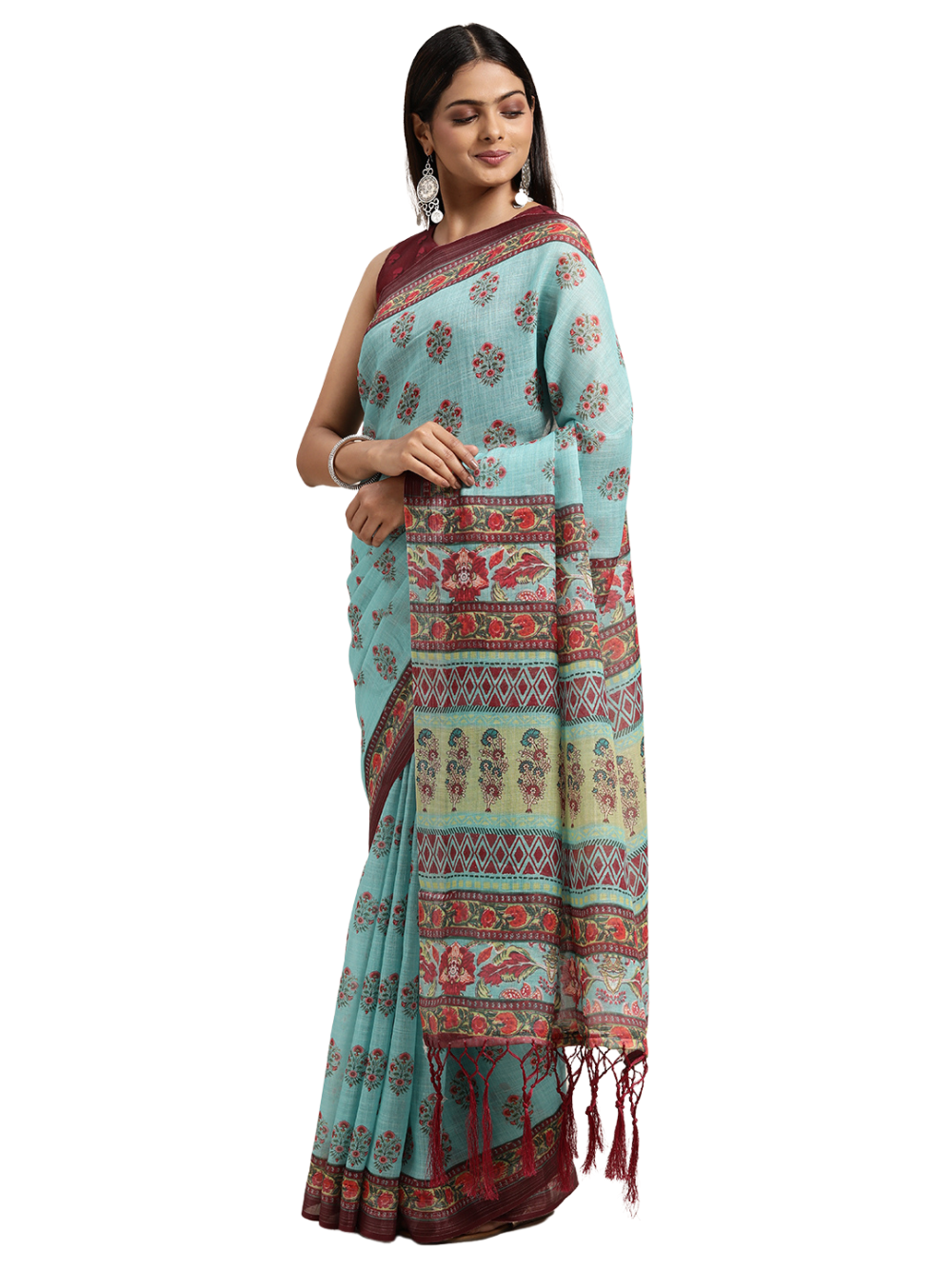 Turquoise Blue Linen Blend Printed Saree With Blouse Piece
